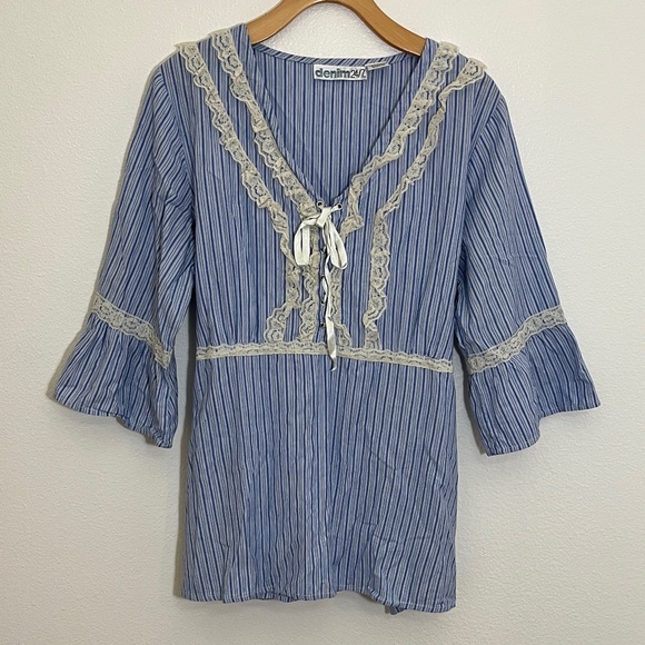 Denim 24/7 Tops - Denim 24/7 Blue Cotton Plus Size Striped Cream Lace-Trim Peasant Top